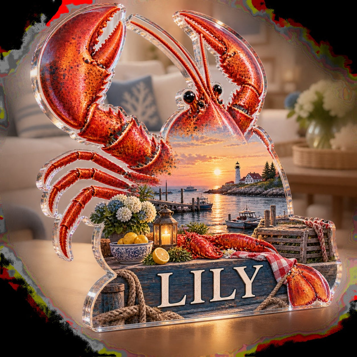 Personalized Lobster Coastal Kitchen Living Room Focal Point custom shape acrylic plaque with an example name set into the artwork, digital preview