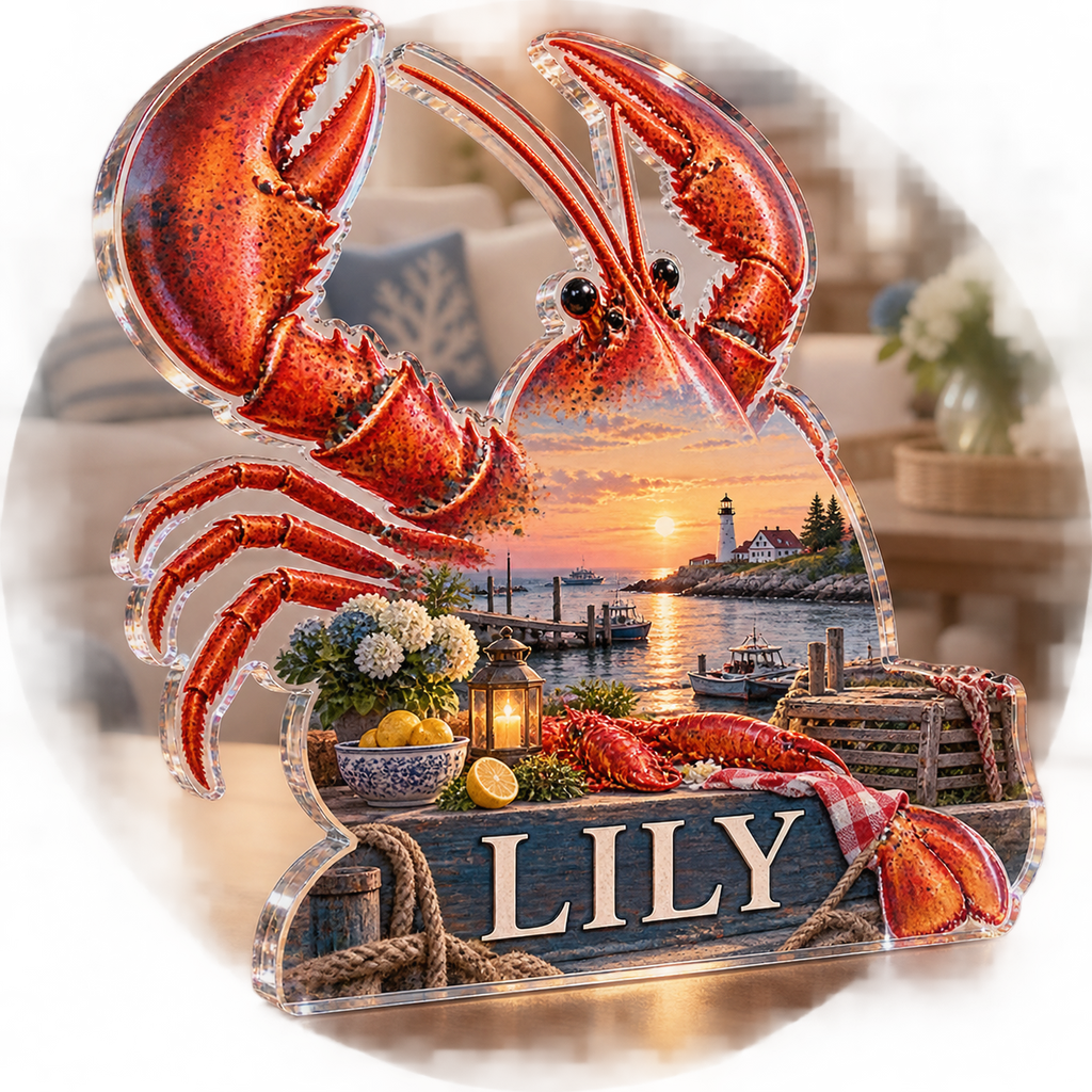 Artwork visualization: Lobster coastal kitchen — living room focal point, personalized LILY, subject-shaped acrylic with printed optical 3D depth; not carved relief.