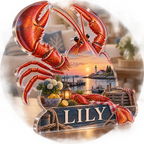 Artwork visualization: Lobster coastal kitchen — living room focal point, personalized LILY, subject-shaped acrylic with printed optical 3D depth; not carved relief.
