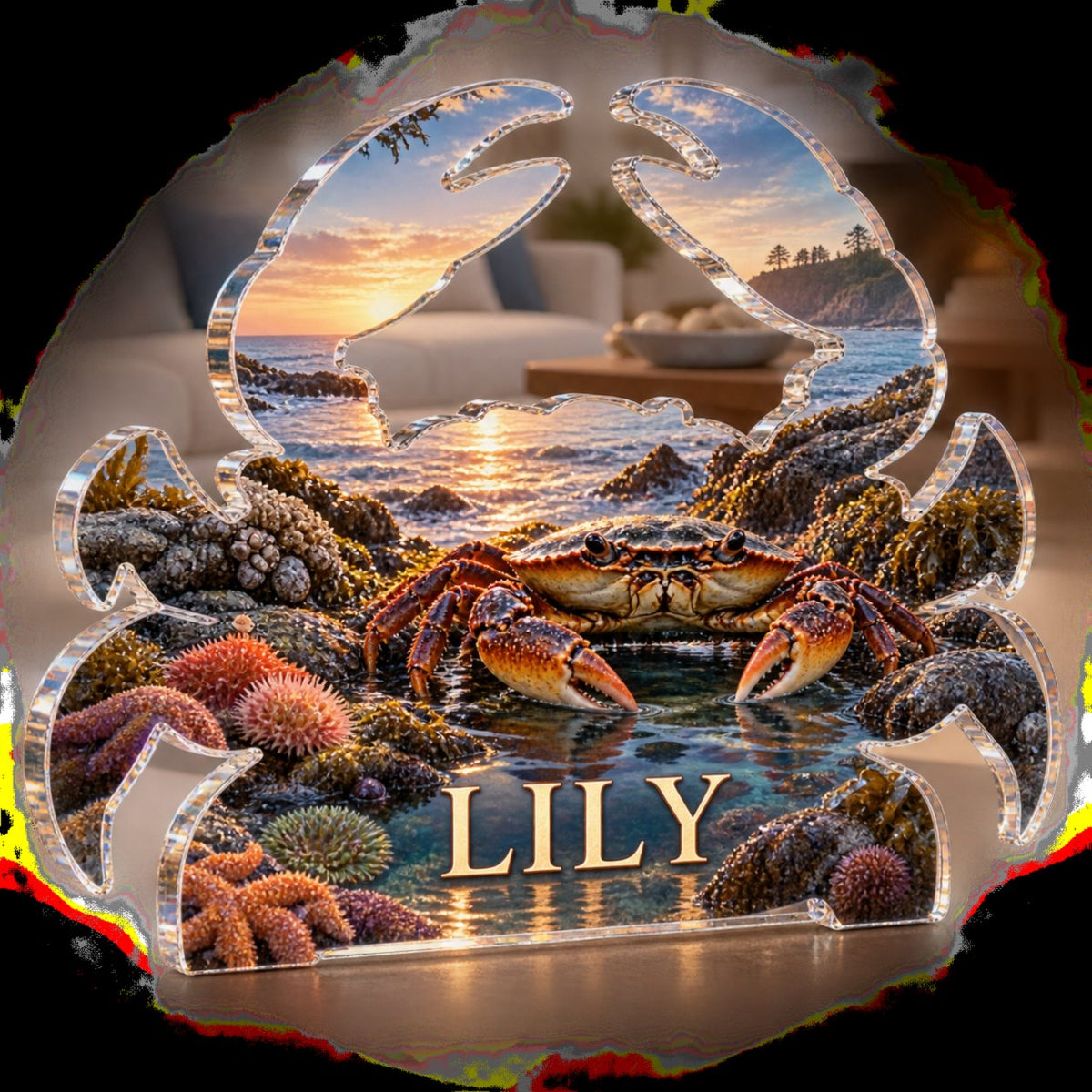 Personalized Crab Tidal Pool Living Room Focal Point custom shape acrylic plaque with an example name set into the artwork, digital preview