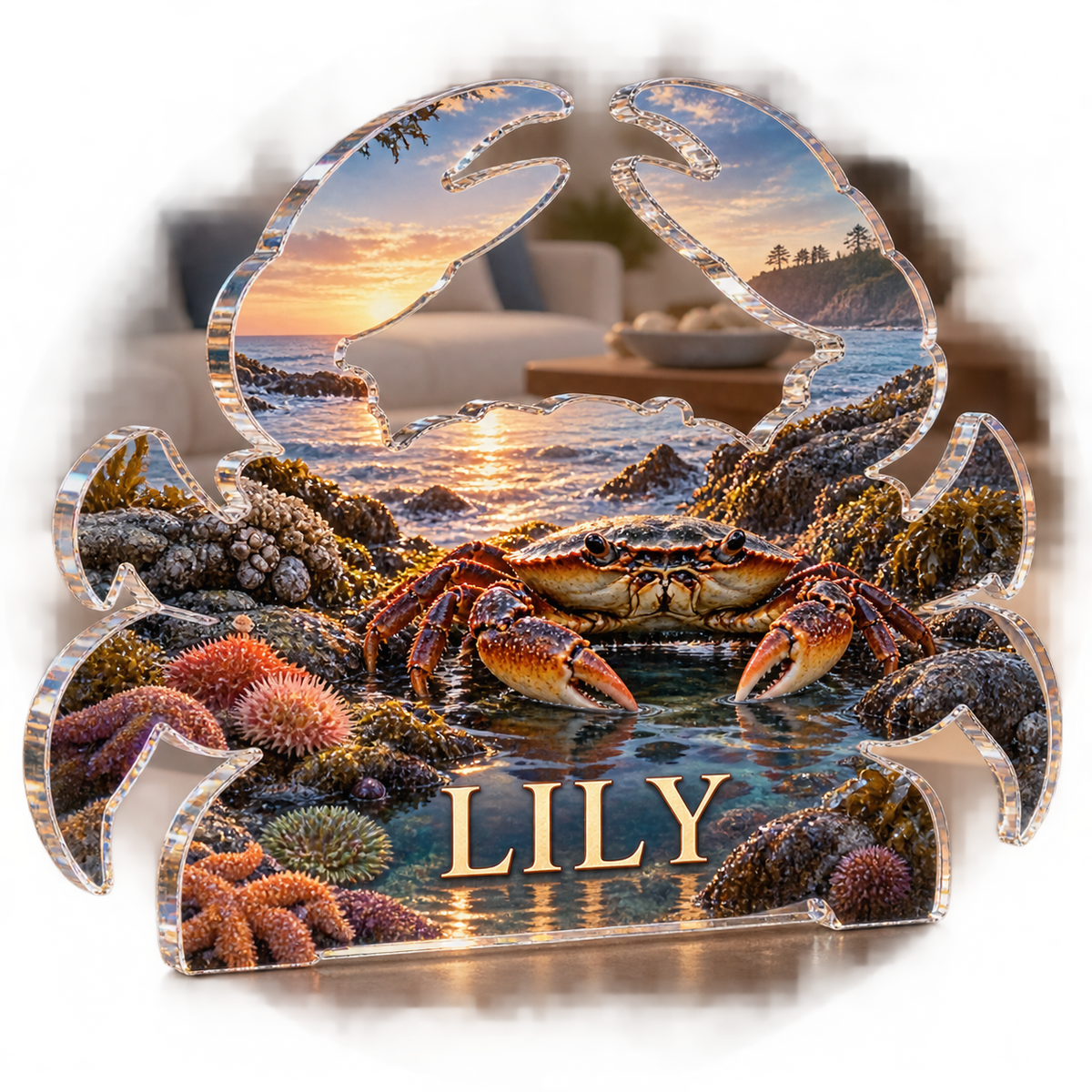 Artwork visualization: Crab tidal pool — living room focal point, personalized LILY, subject-shaped acrylic with printed optical 3D depth; not carved relief.