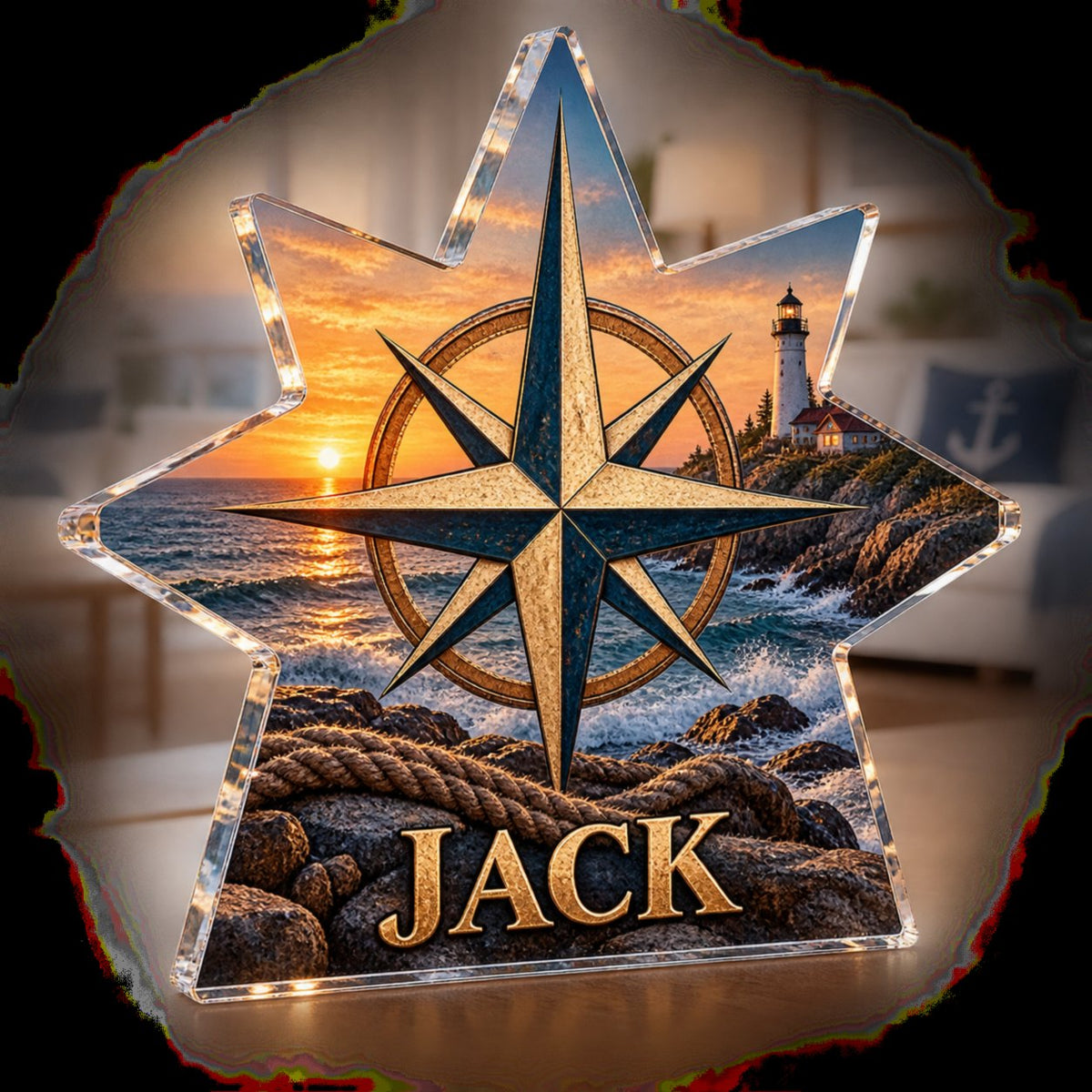 Personalized Nautical Compass Living Room Focal Point custom shape acrylic plaque with an example name set into the artwork, digital preview