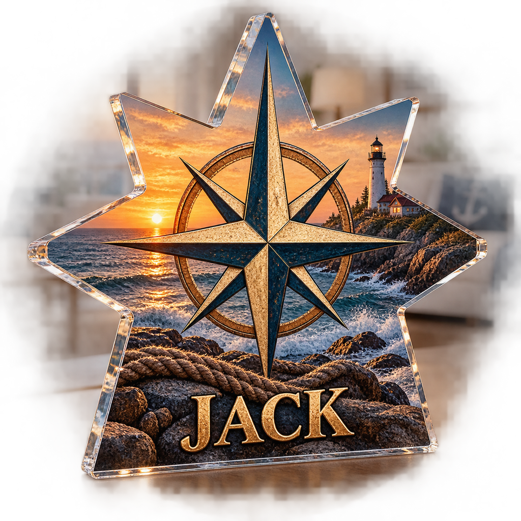 Artwork visualization: Nautical compass — living room focal point, personalized JACK, subject-shaped acrylic with printed optical 3D depth; not carved relief.
