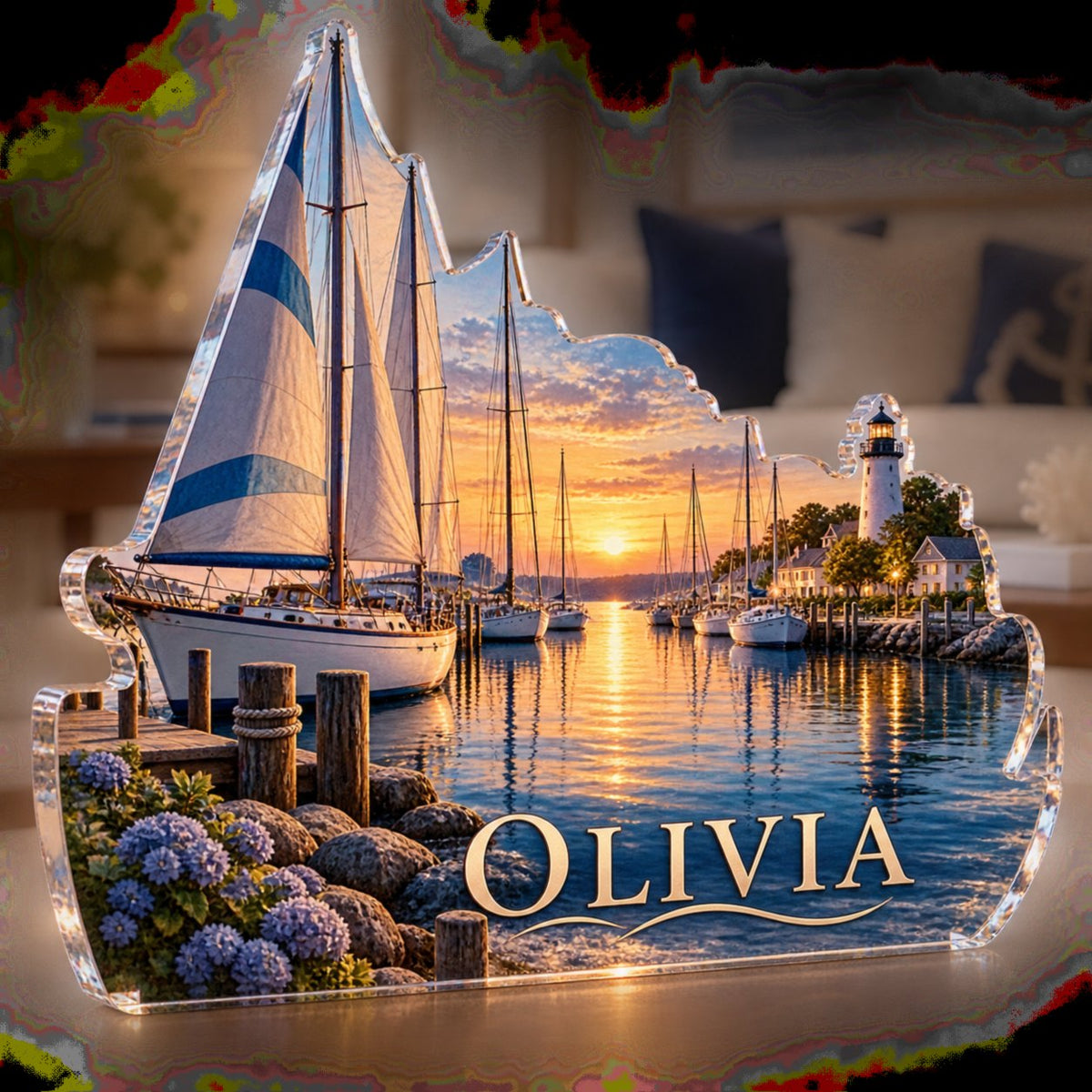 Personalized Sailboat Harbor Living Room Focal Point custom shape acrylic plaque with an example name set into the artwork, digital preview