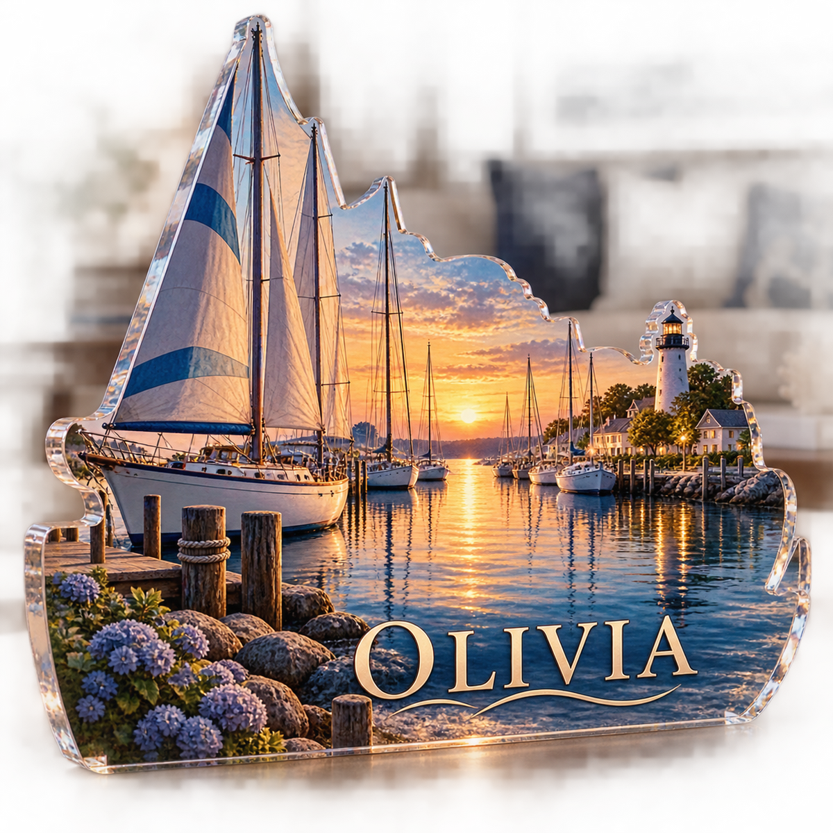 Artwork visualization: Sailboat harbor — living room focal point, personalized OLIVIA, subject-shaped acrylic with printed optical 3D depth; not carved relief.