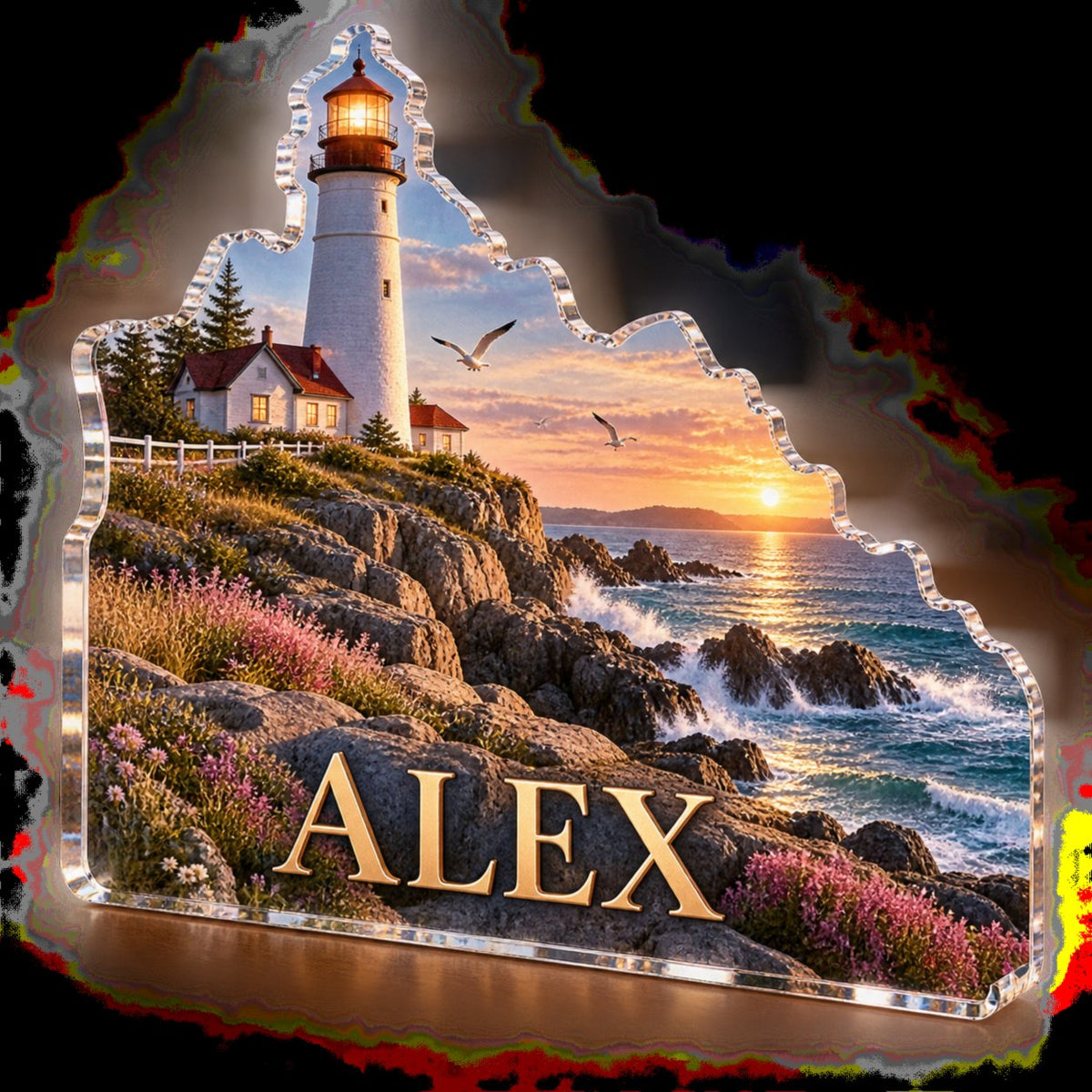 Personalized Lighthouse Coast Living Room Focal Point custom shape acrylic plaque with an example name set into the artwork, digital preview