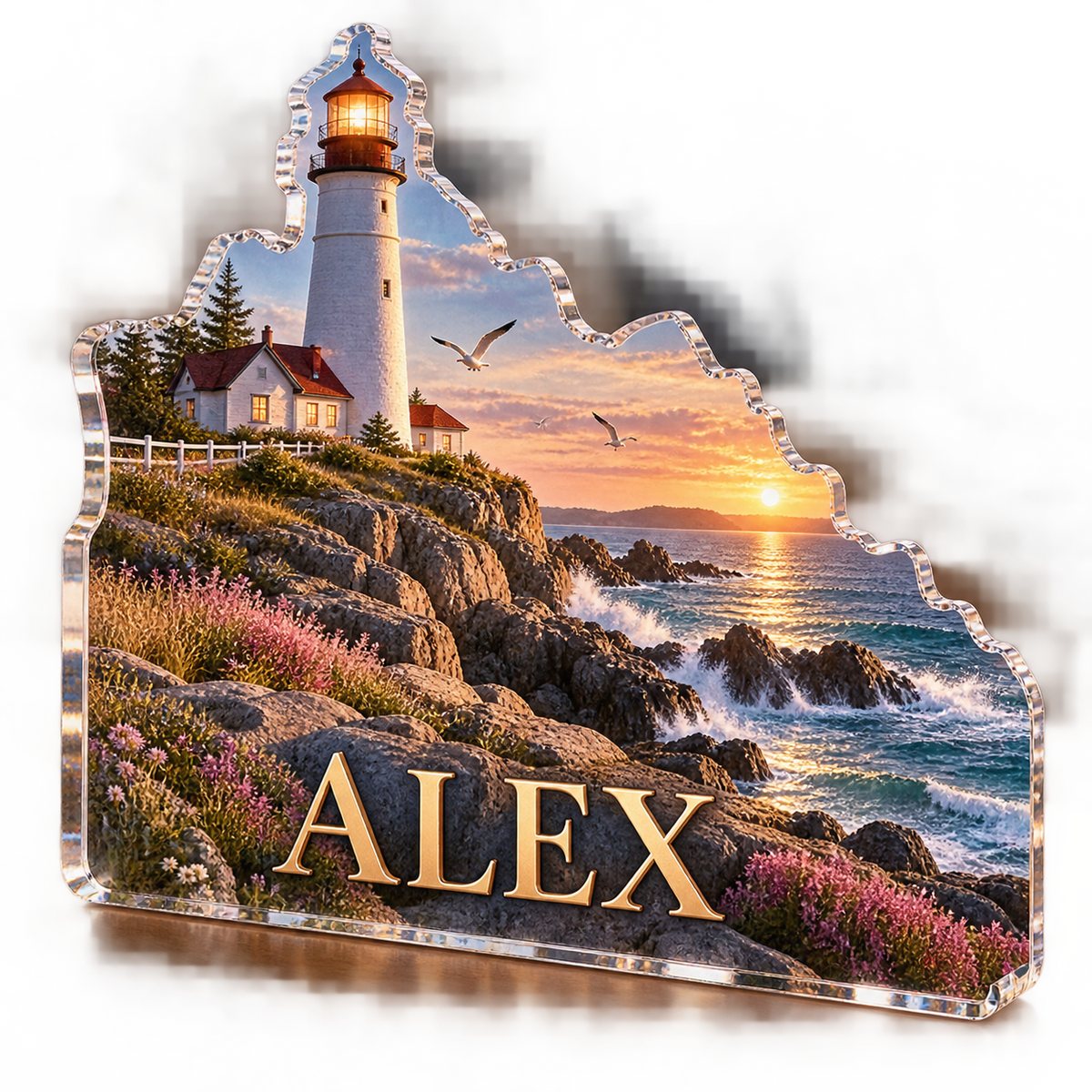 Artwork visualization: Lighthouse coast — living room focal point, personalized ALEX, subject-shaped acrylic with printed optical 3D depth; not carved relief.