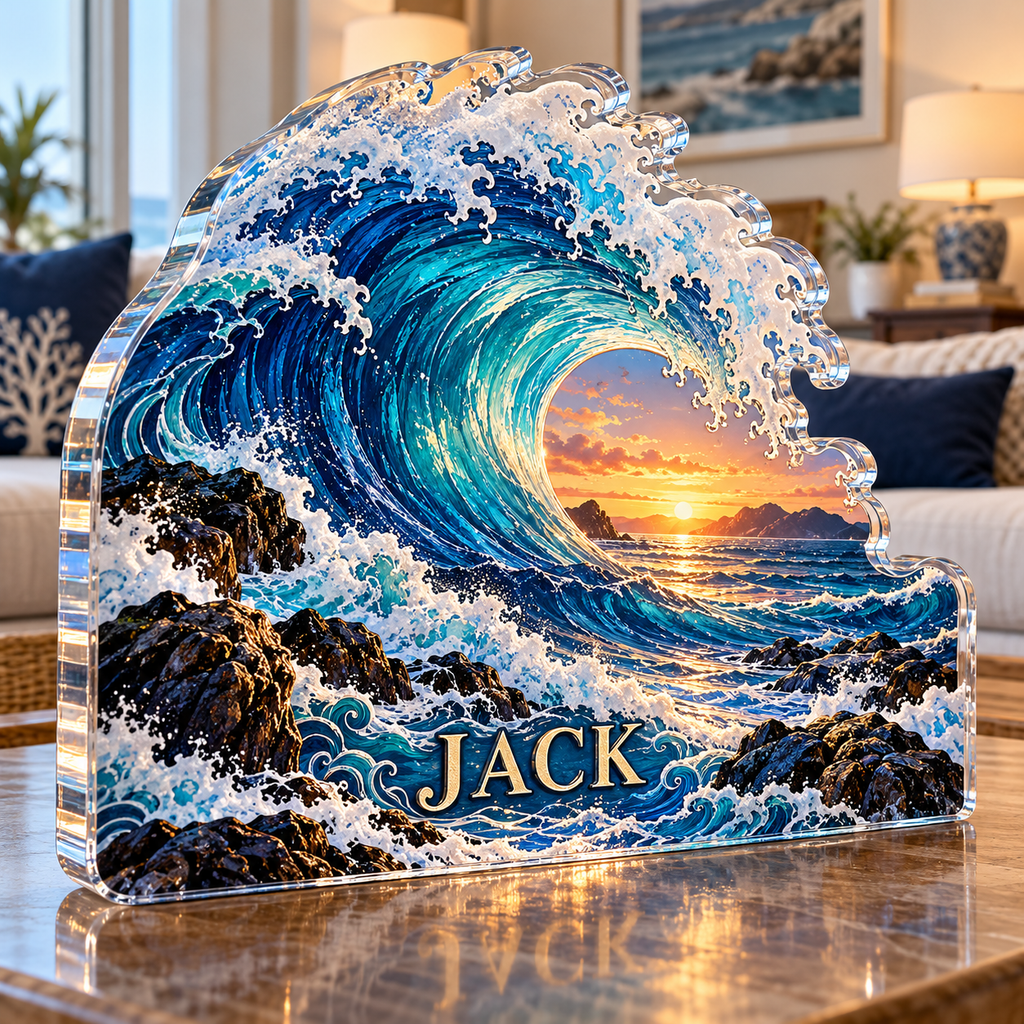 Artwork visualization: Ocean wave linework — living room focal point, personalized JACK, subject-shaped acrylic with printed optical 3D depth; not carved relief.