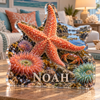 Artwork visualization: Tide pool creatures — living room focal point, personalized NOAH, subject-shaped acrylic with printed optical 3D depth; not carved relief.