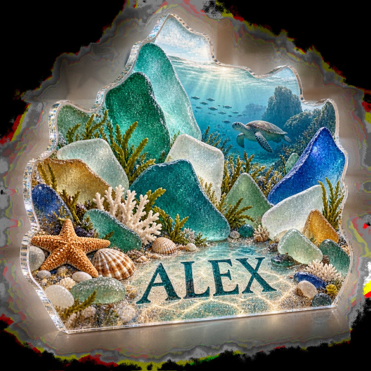 Personalized Sea Glass Shapes Living Room Focal Point custom shape acrylic plaque with an example name set into the artwork, digital preview