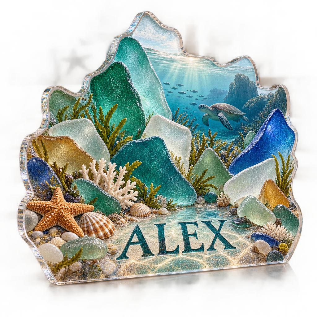 Artwork visualization: Sea glass shapes — living room focal point, personalized ALEX, subject-shaped acrylic with printed optical 3D depth; not carved relief.