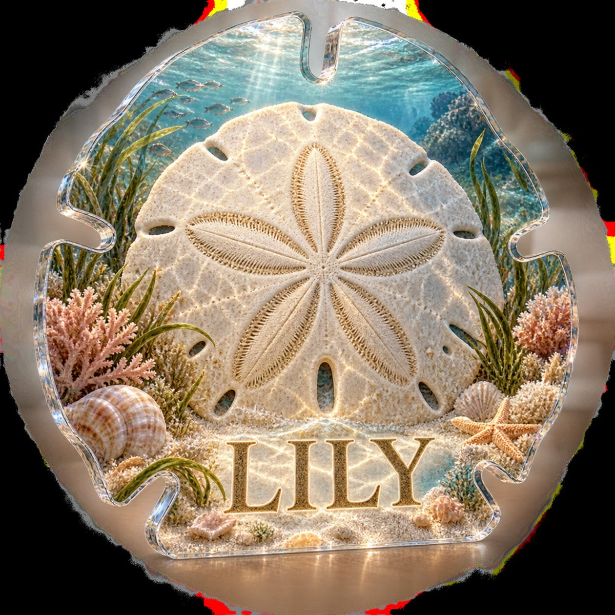 Personalized Sand Dollar Pattern Living Room Focal Point custom shape acrylic plaque with an example name set into the artwork, digital preview