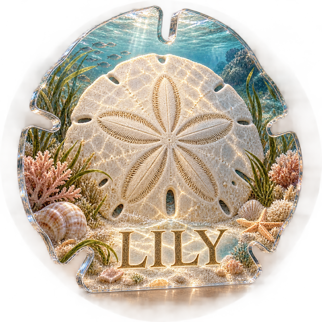 Artwork visualization: Sand dollar pattern — living room focal point, personalized LILY, subject-shaped acrylic with printed optical 3D depth; not carved relief.