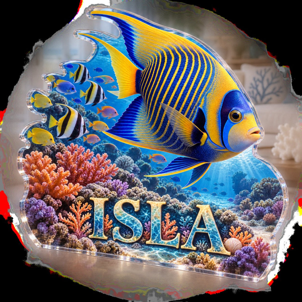 Personalized Reef Fish School Living Room Focal Point custom shape acrylic plaque with an example name set into the artwork, digital preview