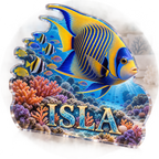 Artwork visualization: Reef fish school — living room focal point, personalized ISLA, subject-shaped acrylic with printed optical 3D depth; not carved relief.