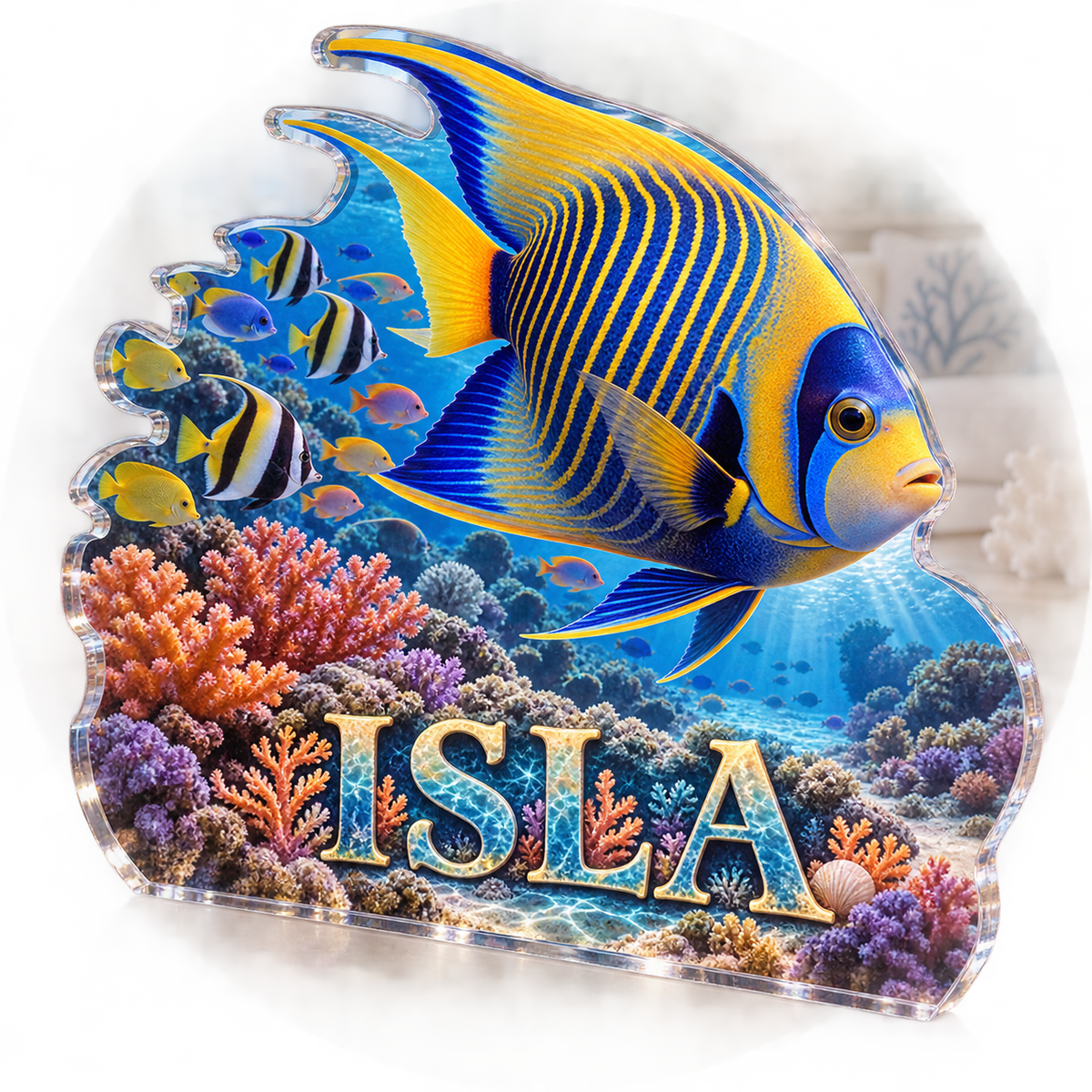 Artwork visualization: Reef fish school — living room focal point, personalized ISLA, subject-shaped acrylic with printed optical 3D depth; not carved relief.