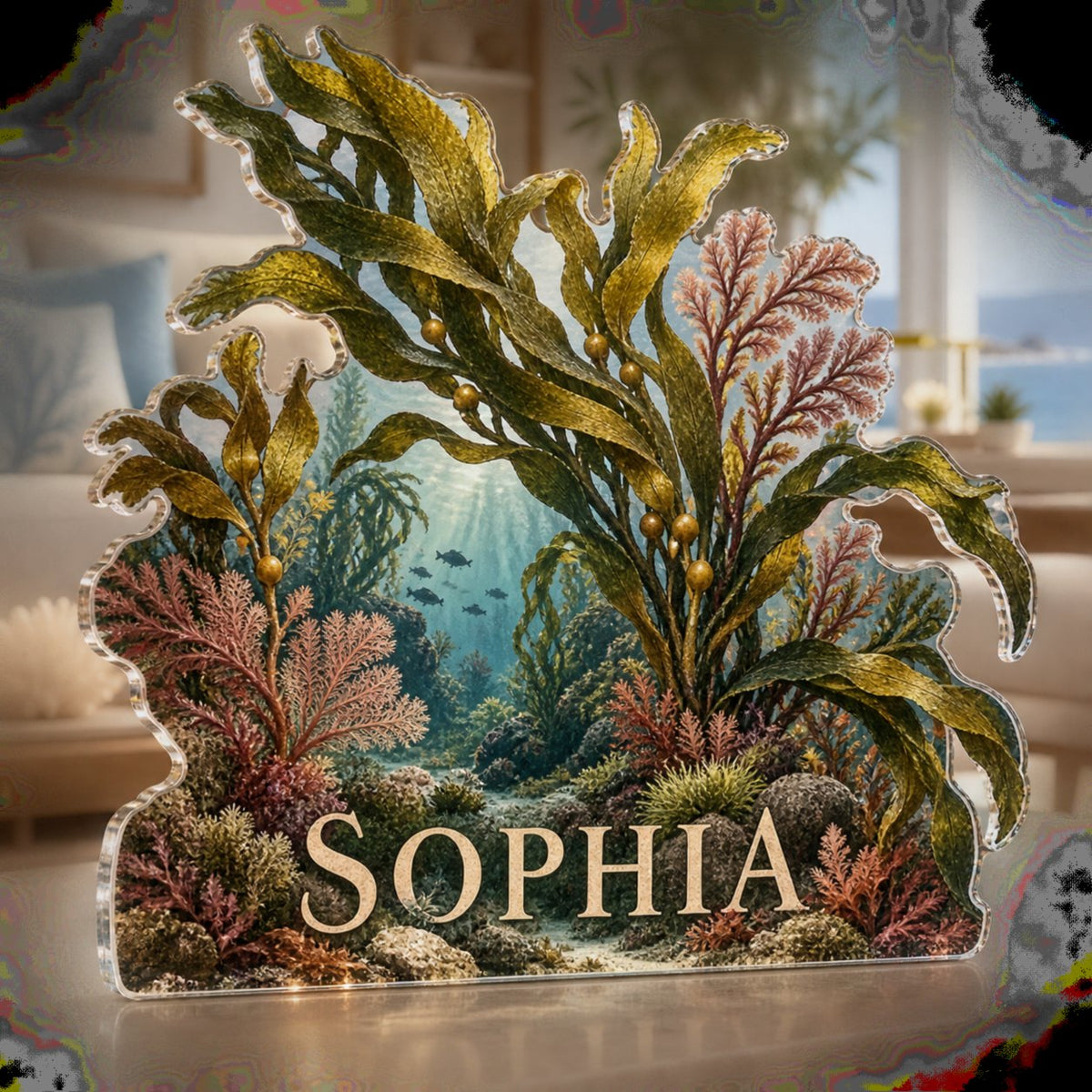 Personalized Seaweed Herbarium Living Room Focal Point custom shape acrylic plaque with an example name set into the artwork, digital preview
