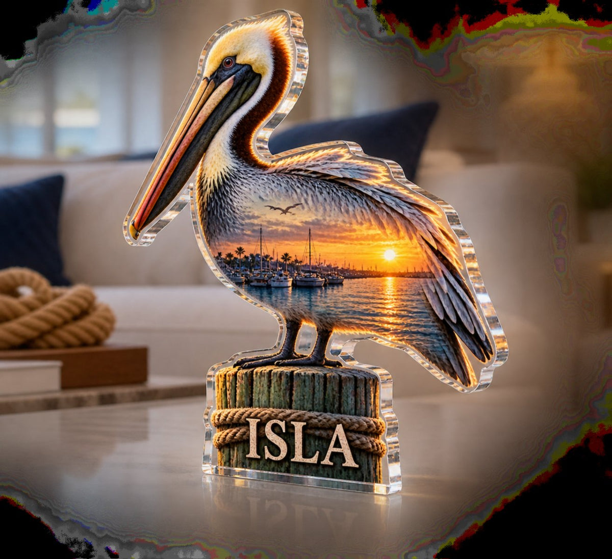 Personalized Pelican Dock Living Room Focal Point custom shape acrylic plaque with an example name set into the artwork, digital preview