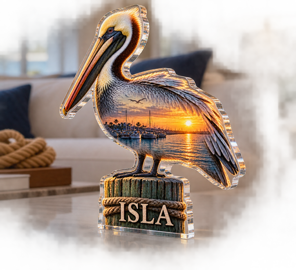 Artwork visualization: Pelican dock — living room focal point, personalized ISLA, subject-shaped acrylic with printed optical 3D depth; not carved relief.
