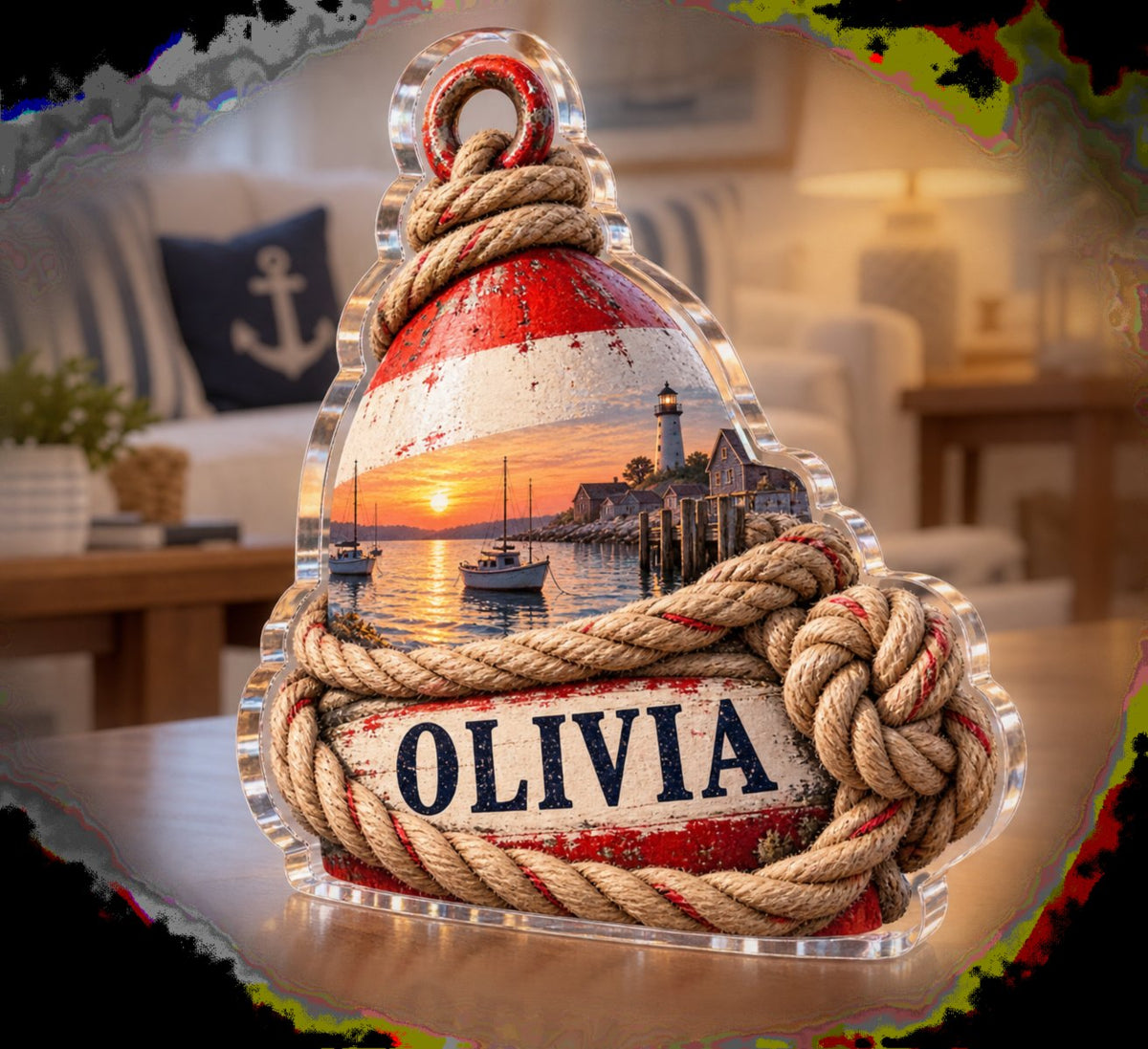 Personalized Buoy And Rope Living Room Focal Point custom shape acrylic plaque with an example name set into the artwork, digital preview