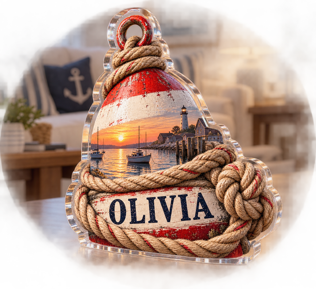 Artwork visualization: Buoy and rope — living room focal point, personalized OLIVIA, subject-shaped acrylic with printed optical 3D depth; not carved relief.