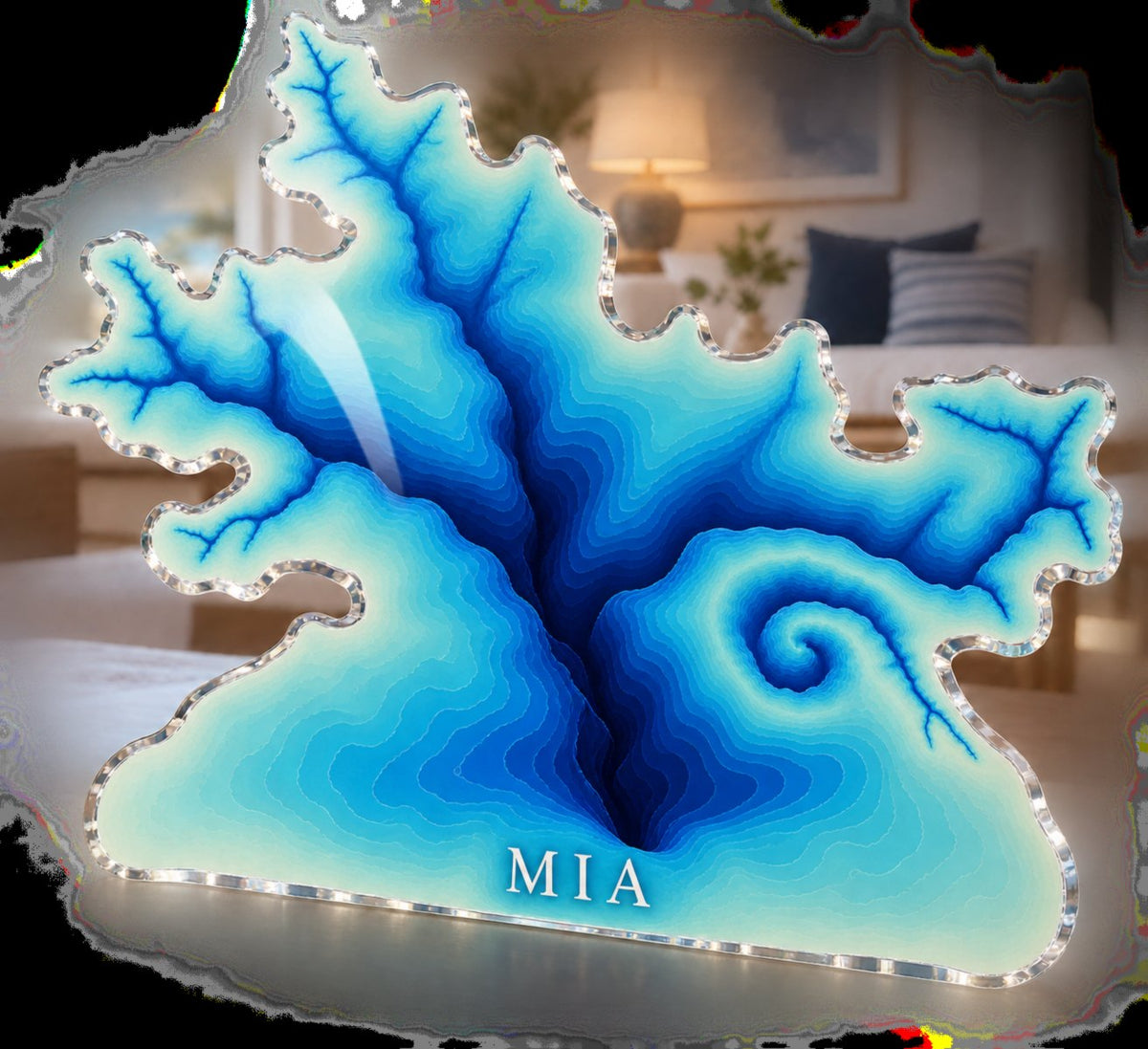 Personalized Ocean Depth Contours Living Room Focal Point custom shape acrylic plaque with an example name set into the artwork, digital preview