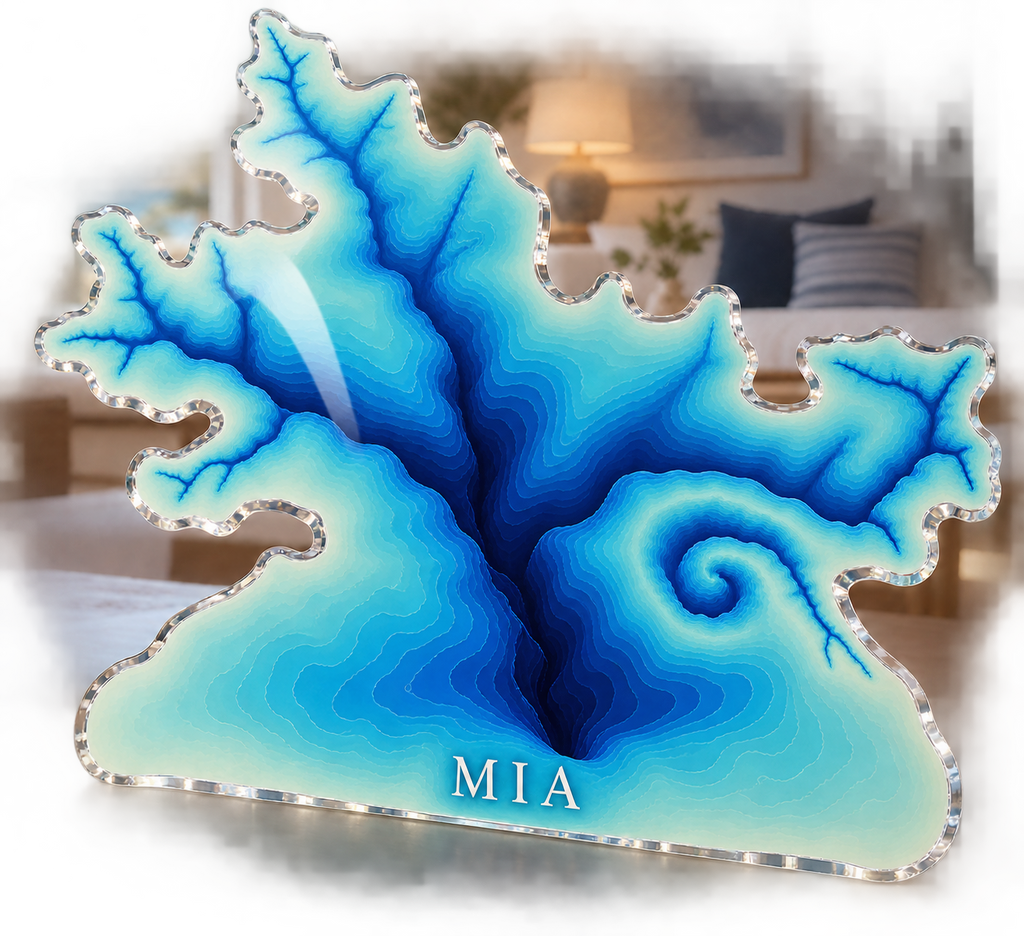 Artwork visualization: Ocean depth contours — living room focal point, personalized MIA, subject-shaped acrylic with printed optical 3D depth; not carved relief.