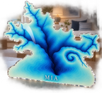Artwork visualization: Ocean depth contours — living room focal point, personalized MIA, subject-shaped acrylic with printed optical 3D depth; not carved relief.