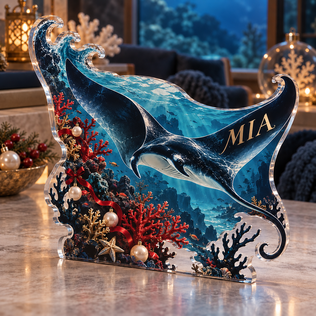 Artwork visualization: Ocean depth contours — quiet corner decoration, personalized MIA, subject-shaped acrylic with printed optical 3D depth; not carved relief.