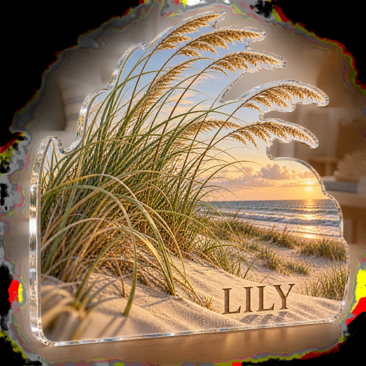 Personalized Coastal Dune Grass Living Room Focal Point custom shape acrylic plaque with an example name set into the artwork, digital preview