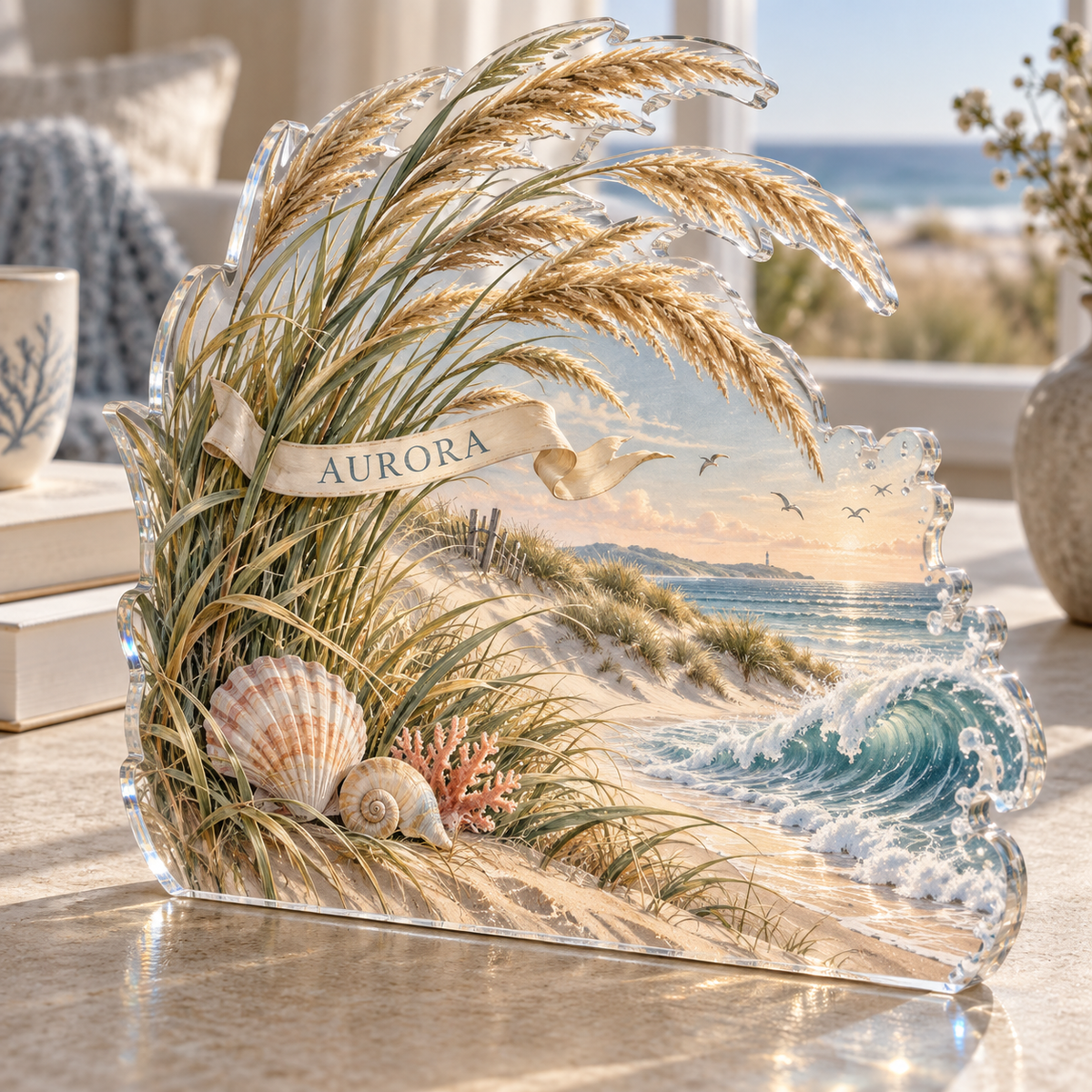Artwork visualization: Coastal dune grass — quiet corner decoration, personalized AURORA, subject-shaped acrylic with printed optical 3D depth; not carved relief.