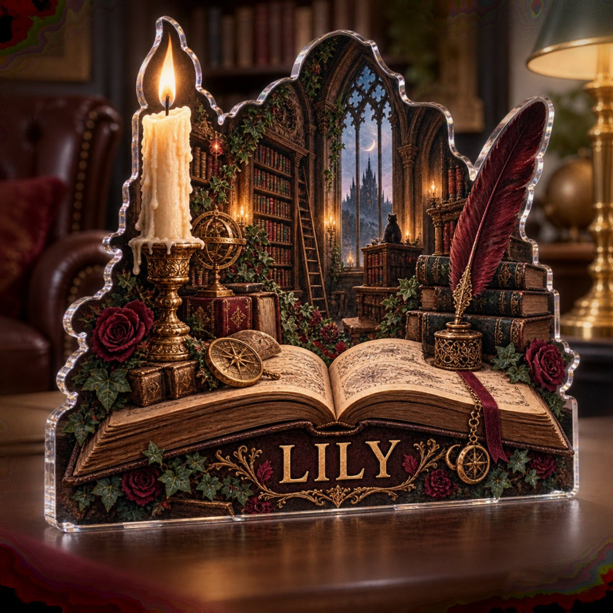 Personalized Dark Academia Library Living Room Focal Point custom shape acrylic plaque with an example name set into the artwork, digital preview