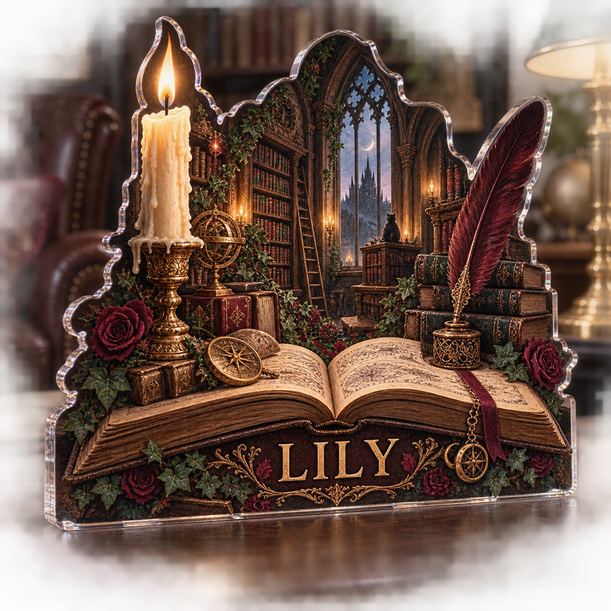 Artwork visualization: Dark academia library — living room focal point, personalized LILY, subject-shaped acrylic with printed optical 3D depth; not carved relief.