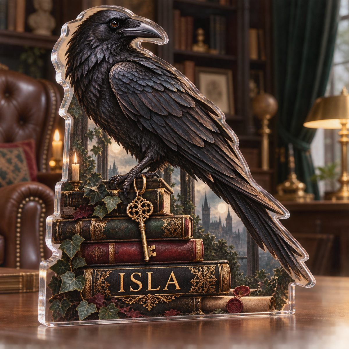 Artwork visualization: Raven books and keys — living room focal point, personalized ISLA, subject-shaped acrylic with printed optical 3D depth; not carved relief.