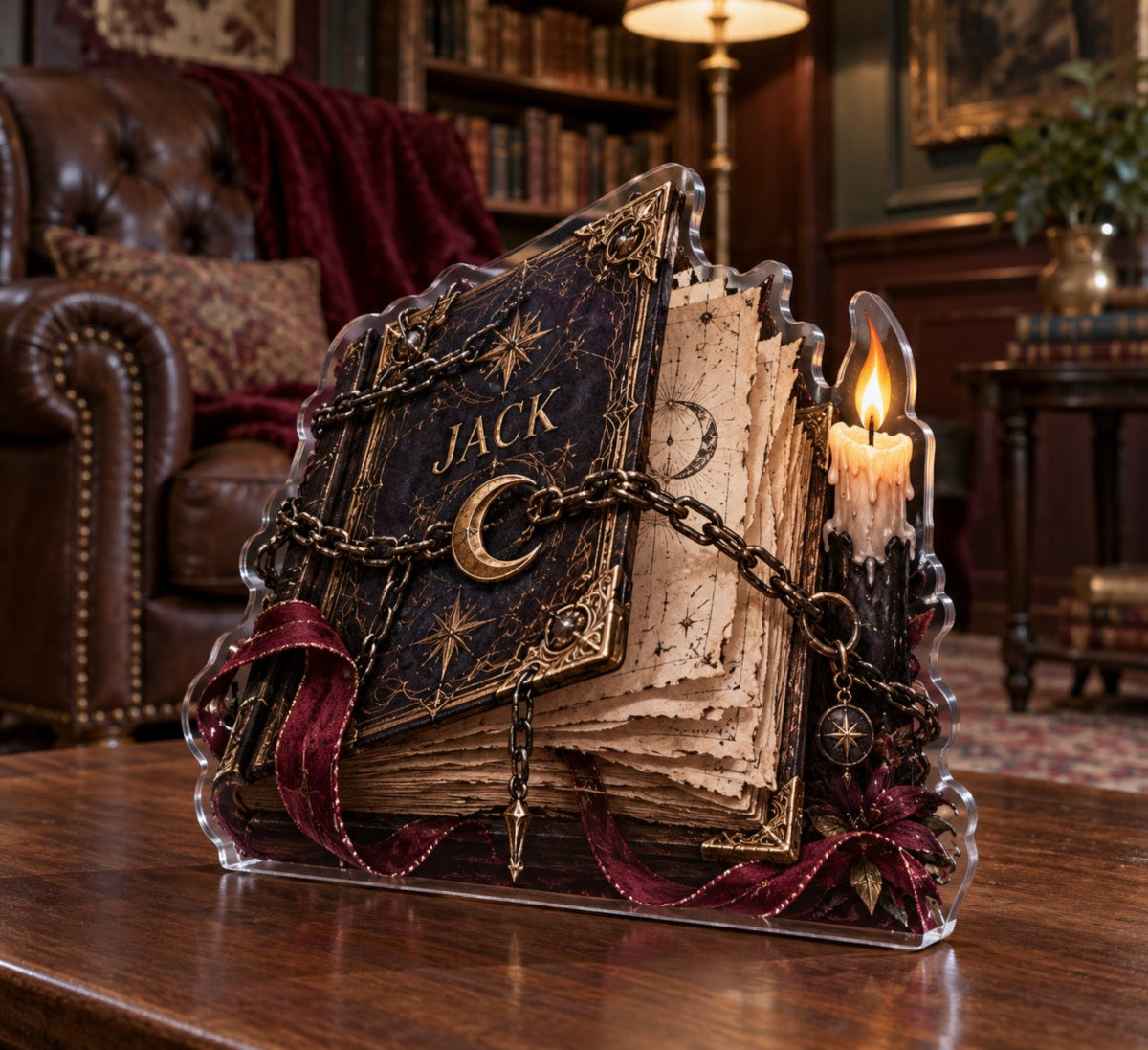 Personalized Gothic Grimoire Living Room Focal Point custom shape acrylic plaque with an example name set into the artwork, digital preview