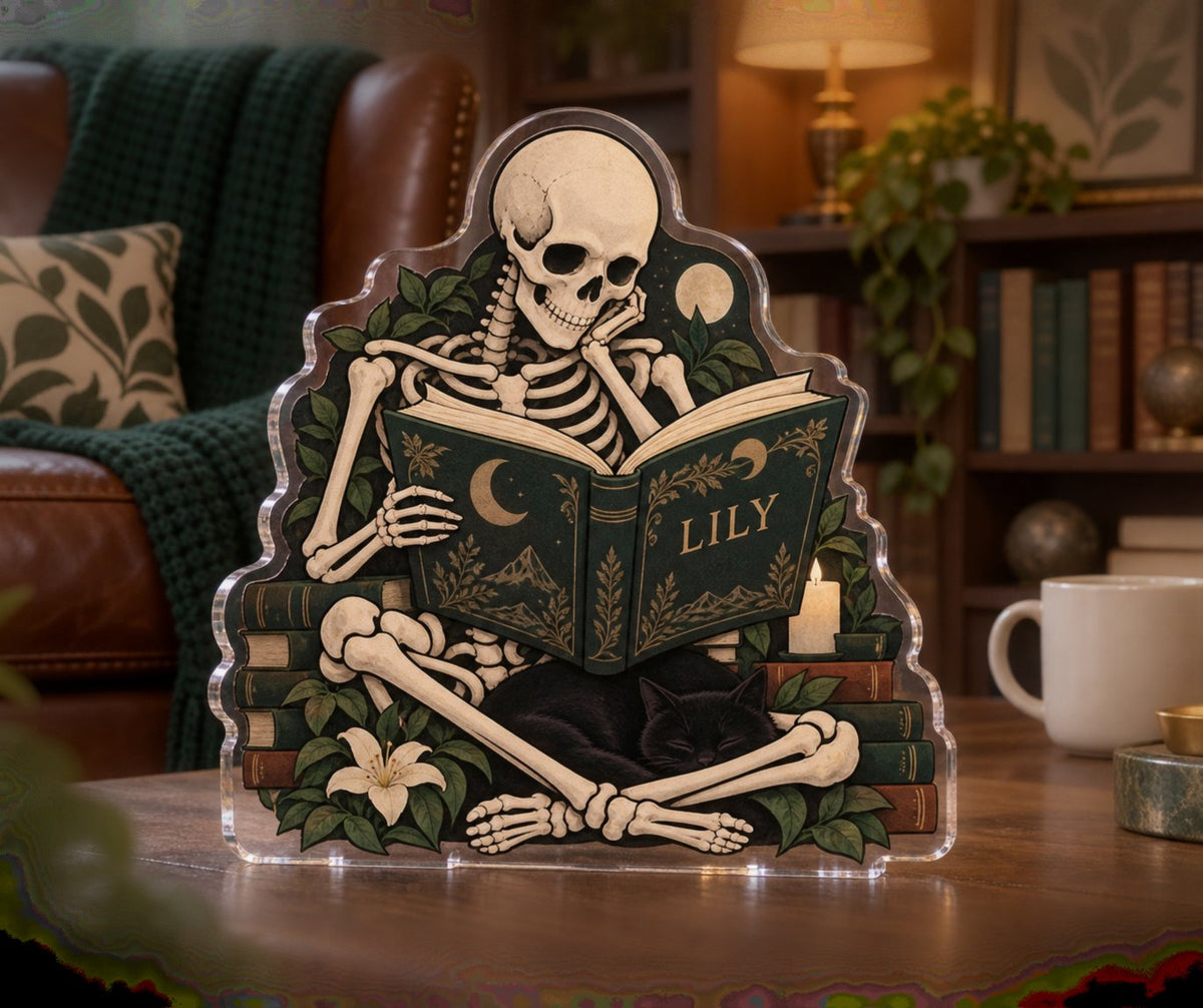 Personalized Skeleton Reading Living Room Focal Point custom shape acrylic plaque with an example name set into the artwork, digital preview