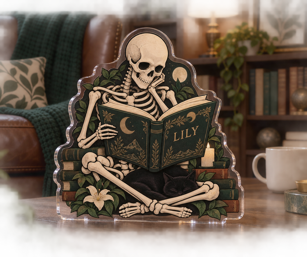 Artwork visualization: Skeleton reading — living room focal point, personalized LILY, subject-shaped acrylic with printed optical 3D depth; not carved relief.