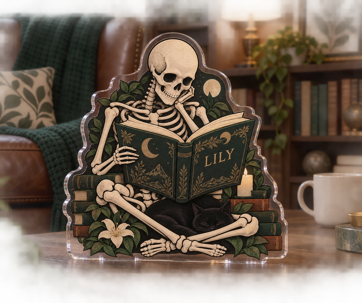 Artwork visualization: Skeleton reading — living room focal point, personalized LILY, subject-shaped acrylic with printed optical 3D depth; not carved relief.