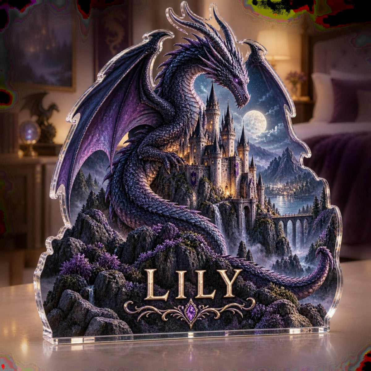 Personalized Dragon Castle Bedroom Statement Decor custom shape acrylic plaque with an example name set into the artwork, digital preview