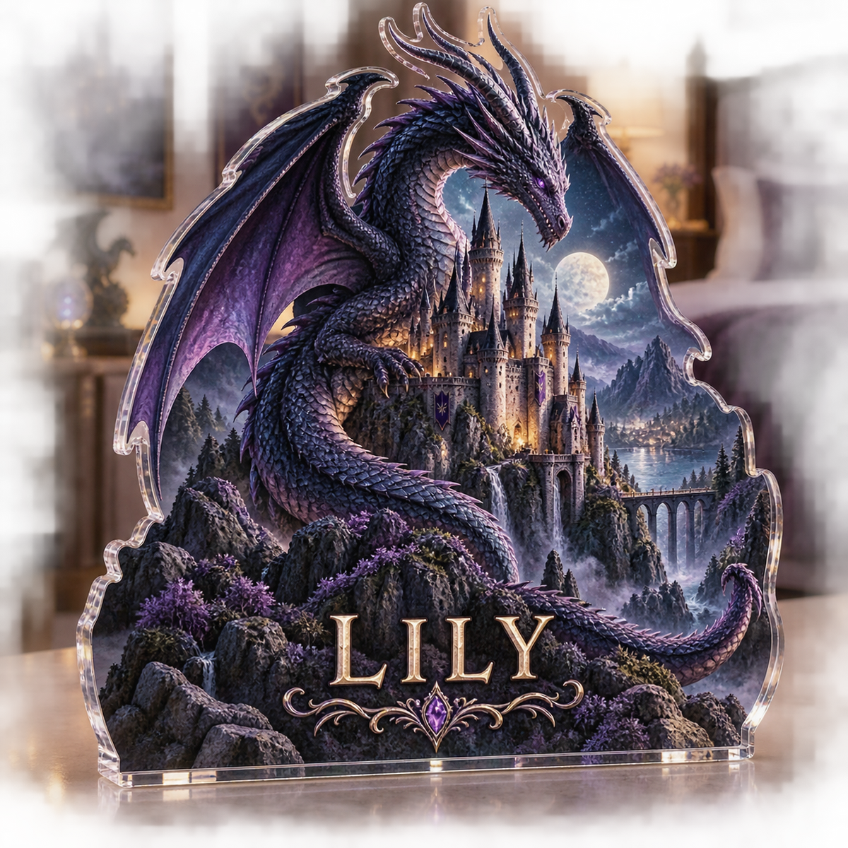 Artwork visualization: Dragon castle — bedroom statement decor, personalized LILY, subject-shaped acrylic with printed optical 3D depth; not carved relief.