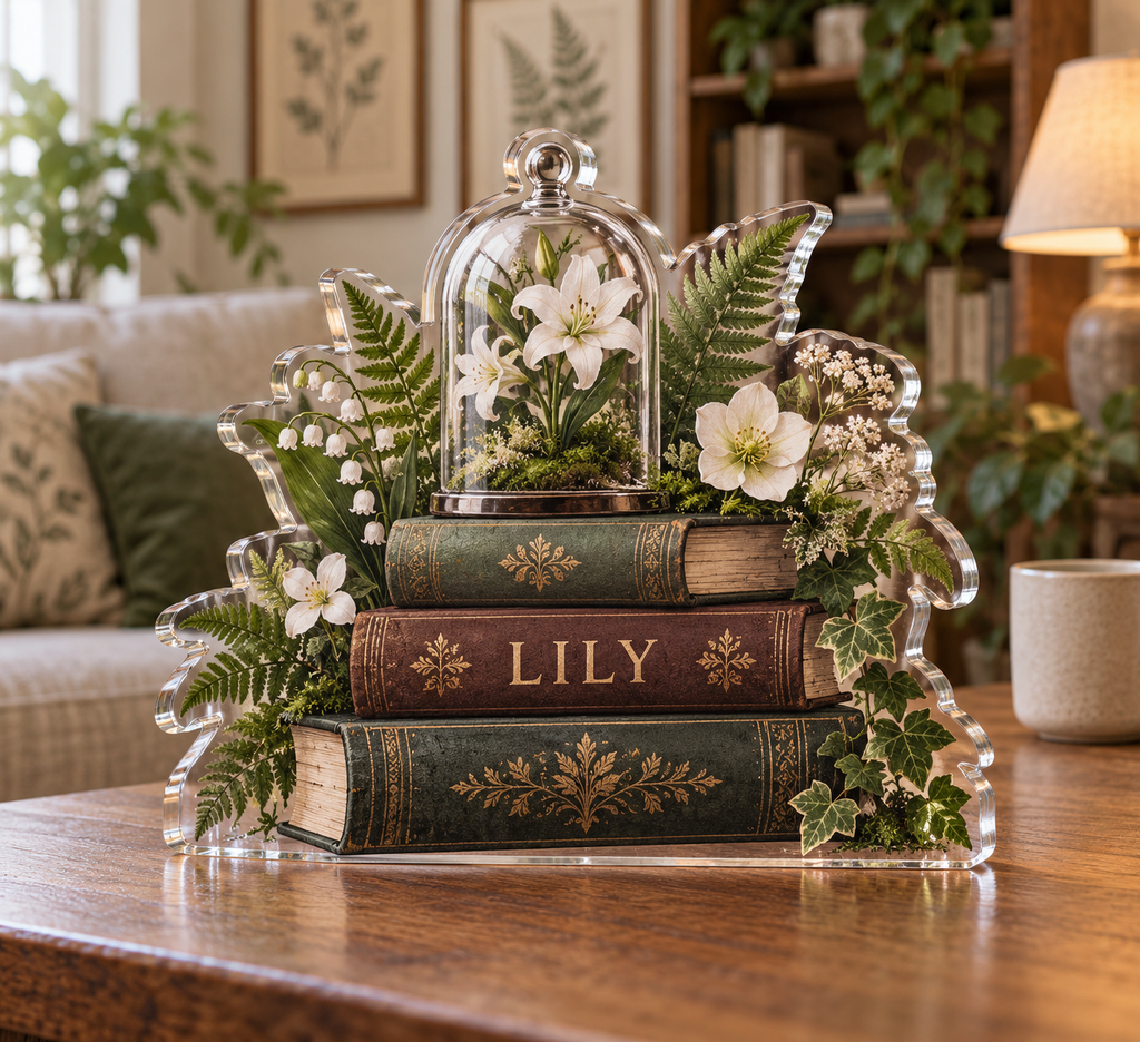 Artwork visualization: Botanical book stack — living room focal point, personalized LILY, subject-shaped acrylic with printed optical 3D depth; not carved relief.