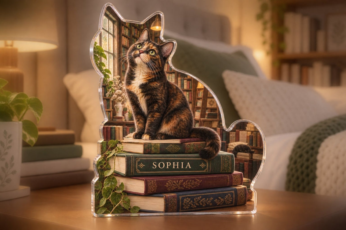 Personalized Cat In A Bookshop Bedroom Statement Decor custom shape acrylic plaque with an example name set into the artwork, digital preview