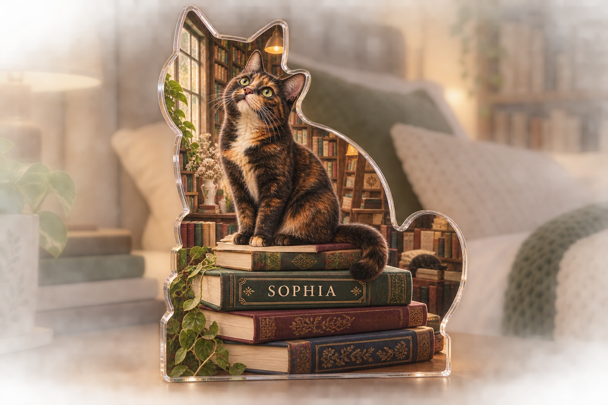 Artwork visualization: Cat in a bookshop — bedroom statement decor, personalized SOPHIA, subject-shaped acrylic with printed optical 3D depth; not carved relief.