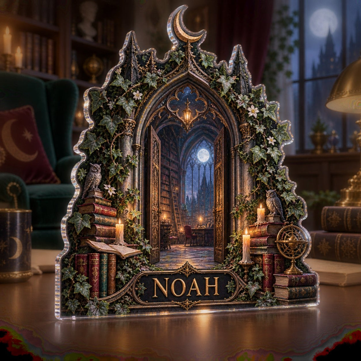 Personalized Enchanted Library Arch Living Room Focal Point custom shape acrylic plaque with an example name set into the artwork, digital preview