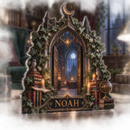 Artwork visualization: Enchanted library arch — living room focal point, personalized NOAH, subject-shaped acrylic with printed optical 3D depth; not carved relief.