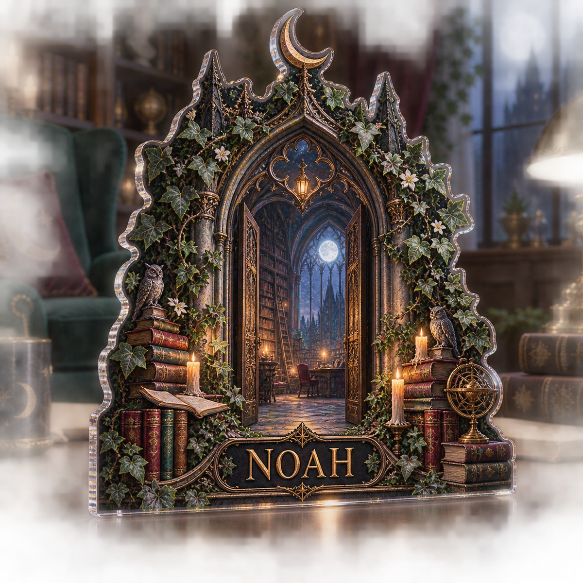 Artwork visualization: Enchanted library arch — living room focal point, personalized NOAH, subject-shaped acrylic with printed optical 3D depth; not carved relief.