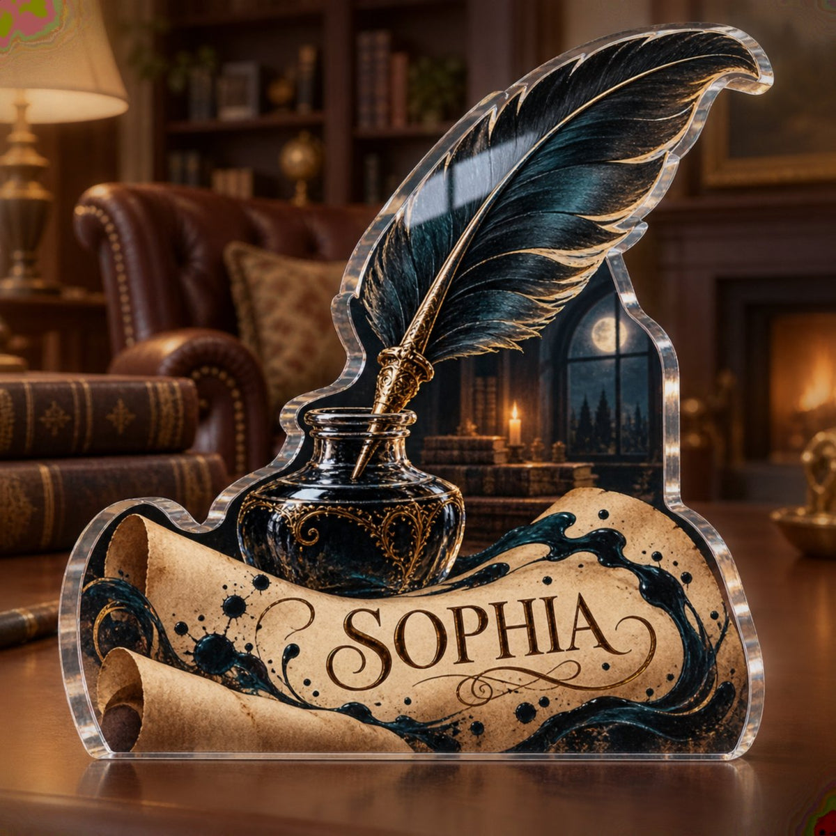 Personalized Quill And Inkwell Living Room Focal Point custom shape acrylic plaque with an example name set into the artwork, digital preview