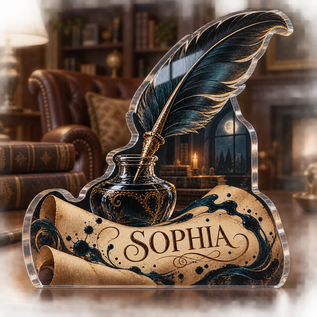 Artwork visualization: Quill and inkwell — living room focal point, personalized SOPHIA, subject-shaped acrylic with printed optical 3D depth; not carved relief.