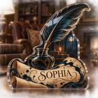 Artwork visualization: Quill and inkwell — living room focal point, personalized SOPHIA, subject-shaped acrylic with printed optical 3D depth; not carved relief.