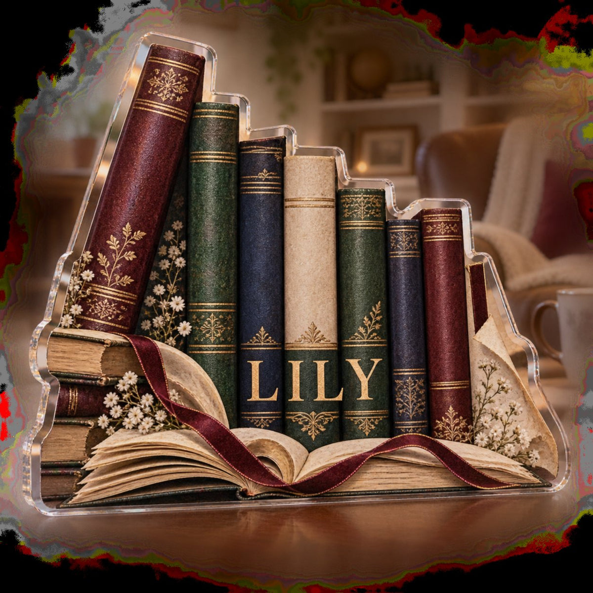 Personalized Anonymous Book Spines Living Room Focal Point custom shape acrylic plaque with an example name set into the artwork, digital preview